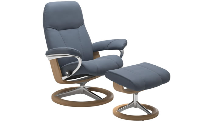 Stressless Consul Signature Recliner and Stool in Paloma Sparrow Blue Leather